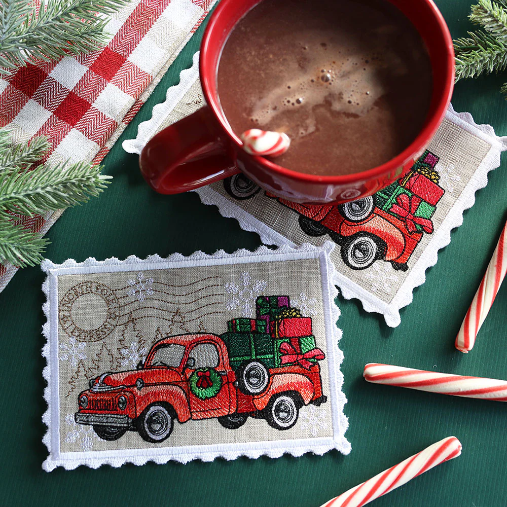 Christmas Retro Truck Stamp Mug Rug (In-the-Hoop) - Image 3