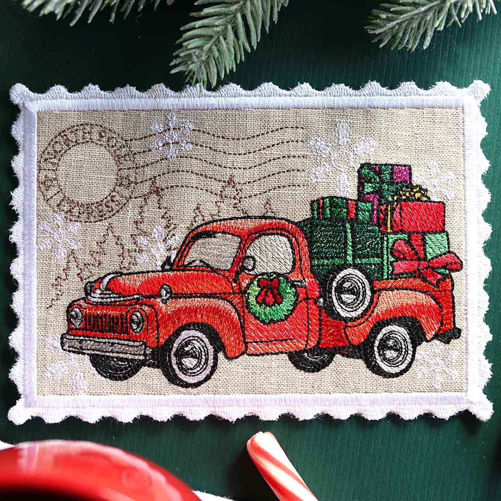 Christmas Retro Truck Stamp Mug Rug (In-the-Hoop) - Image 4