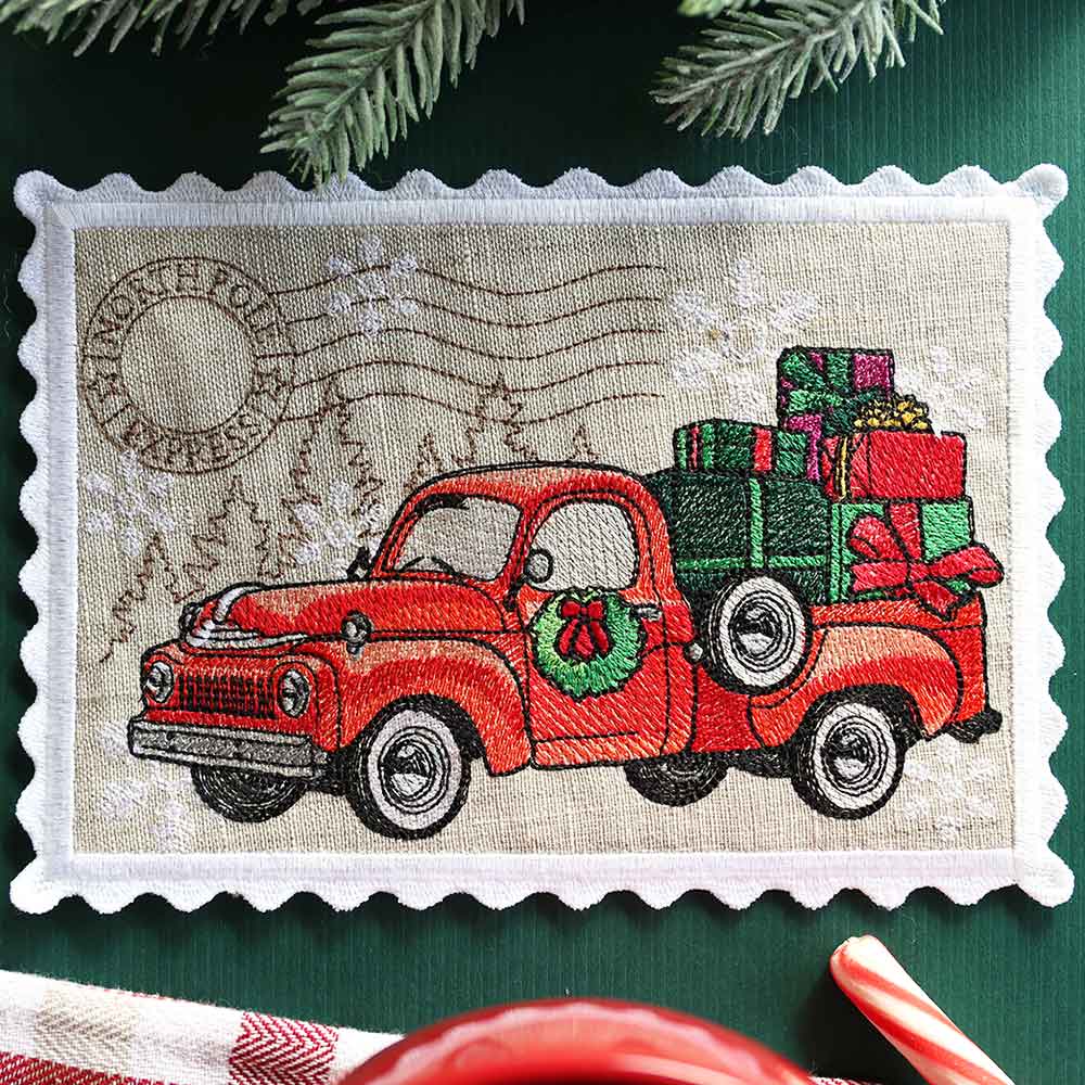 Christmas Retro Truck Stamp Mug Rug (In-the-Hoop) - Image 5