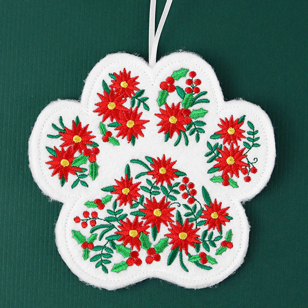 Christmas Poinsettia Pet Paw Ornament (In-the-Hoop) - Image 2
