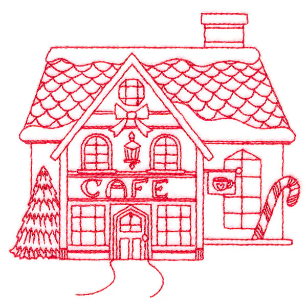 Christmas Village Scenes - Cafe (Redwork) - Image 5