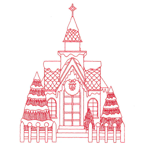 Christmas Village Scenes - Church (Redwork) - Image 2