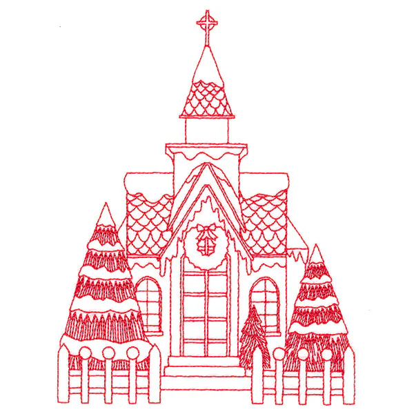 Christmas Village Scenes - Church (Redwork) - Image 4