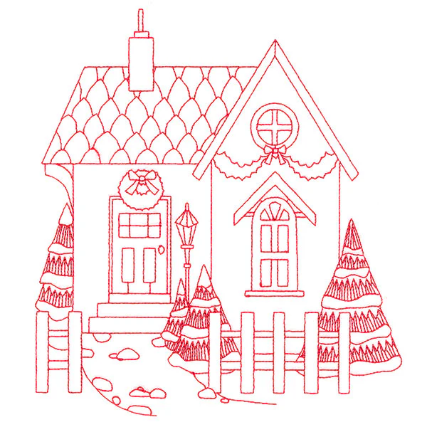 Christmas Village Scenes - Cozy Home (Redwork) - Image 11