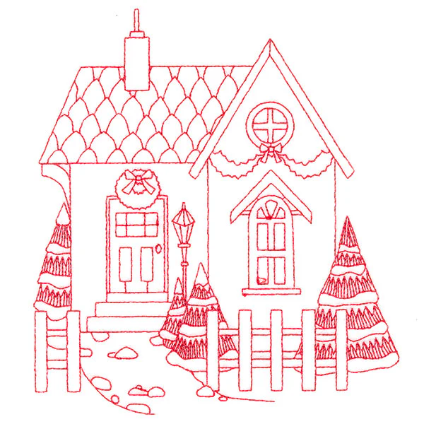 Christmas Village Scenes - Cozy Home (Redwork) - Image 3