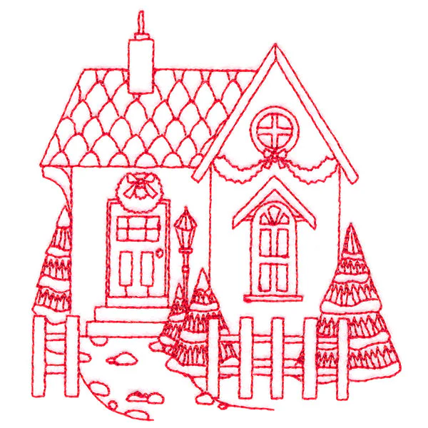 Christmas Village Scenes - Cozy Home (Redwork) - Image 9