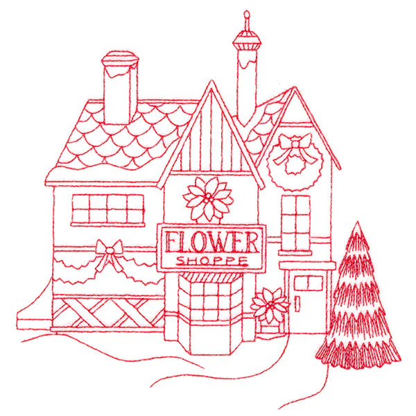 Christmas Village Scenes - Flower Shop (Redwork) - Image 2