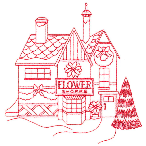 Christmas Village Scenes - Flower Shop (Redwork) - Image 3