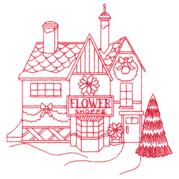 Christmas Village Scenes - Flower Shop (Redwork) - Image 4