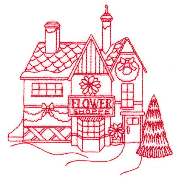 Christmas Village Scenes - Flower Shop (Redwork) - Image 5