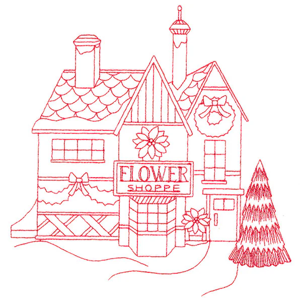 Christmas Village Scenes - Flower Shop (Redwork) - Image 6