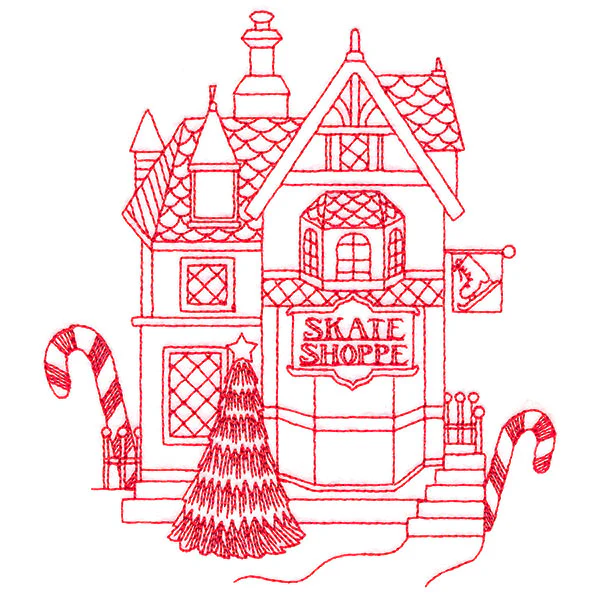 Christmas Village Scenes - Skate Shop (Redwork) - Image 4