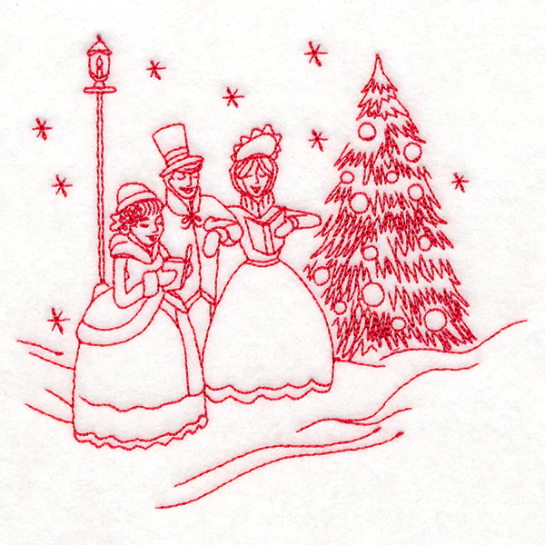 Classic Christmas Scene - Caroling (Redwork) - Image 4