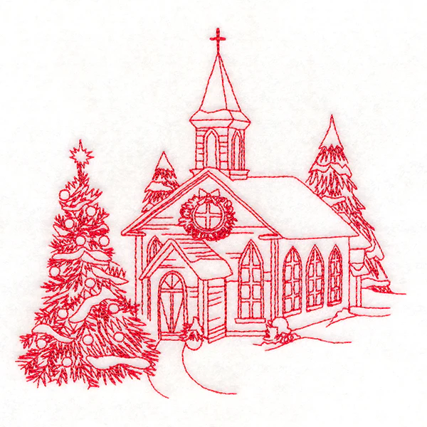 Classic Christmas Scene - Church (Redwork) - Image 3