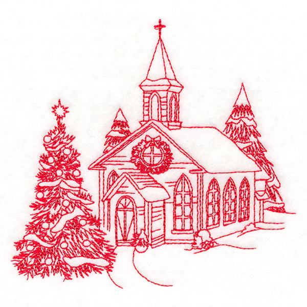 Classic Christmas Scene - Church (Redwork) - Image 4