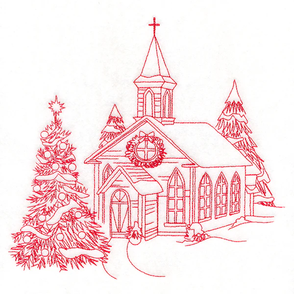 Classic Christmas Scene - Church (Redwork) - Image 6