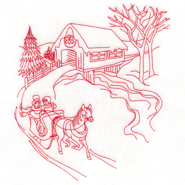 Classic Christmas Scene - Covered Bridge (Redwork) - Image 2