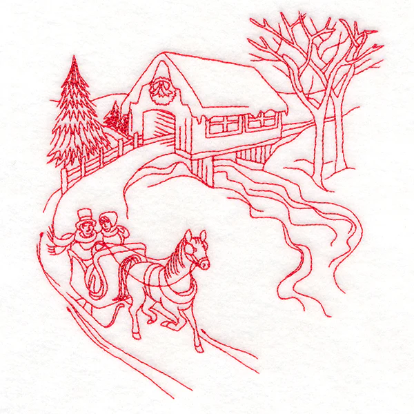 Classic Christmas Scene - Covered Bridge (Redwork) - Image 3