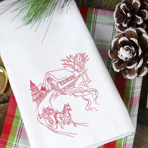 Classic Christmas Scene - Covered Bridge (Redwork) - Image 5