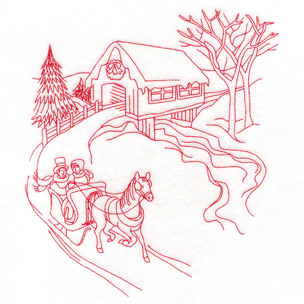 Classic Christmas Scene - Covered Bridge (Redwork) - Image 7