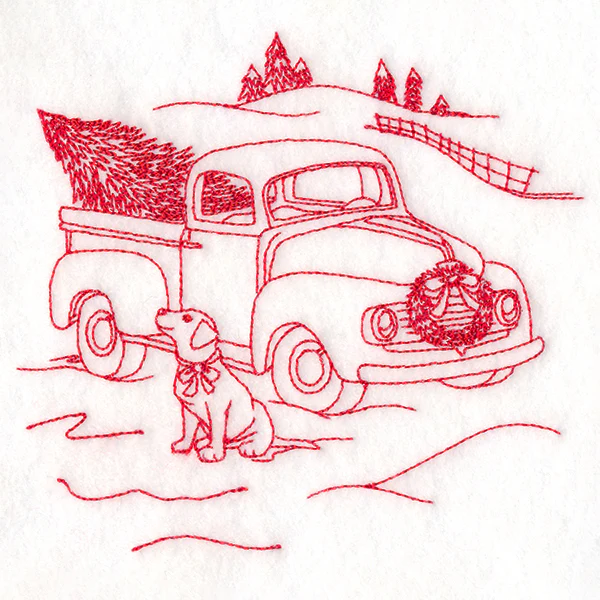 Classic Christmas Scene - Retro Truck with Pup (Redwork) - Image 4