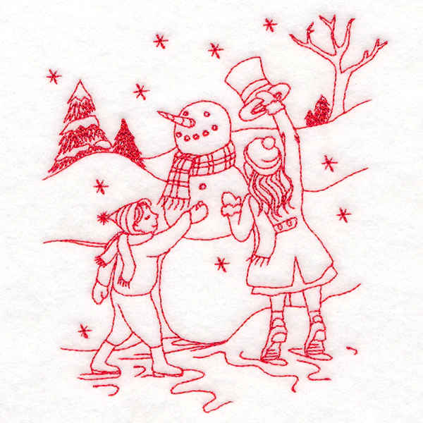 Classic Christmas Scene - Snowman (Redwork) - Image 4