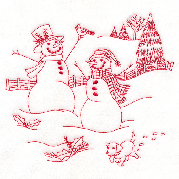 Classic Christmas Scene - Snowmen with Pup (Redwork) - Image 3