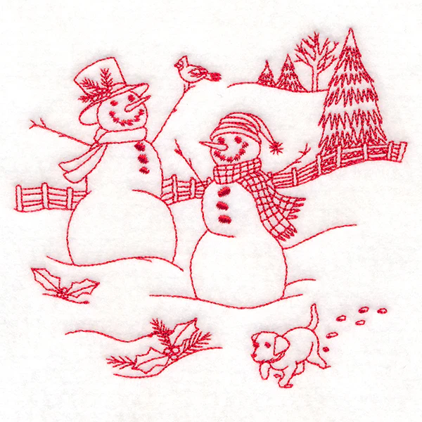 Classic Christmas Scene - Snowmen with Pup (Redwork) - Image 7