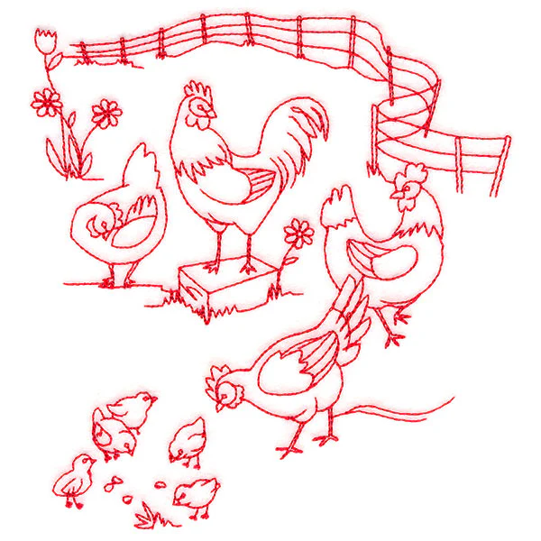 Classic Farm Scene - Chickens (Redwork) - Image 3
