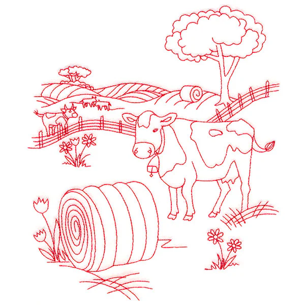 Classic Farm Scene - Cows (Redwork)