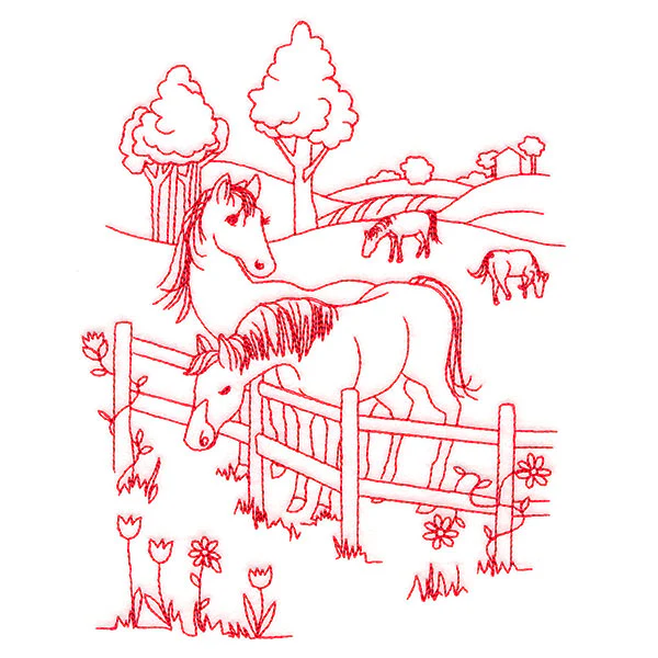 Classic Farm Scene - Horses (Redwork) - Image 2