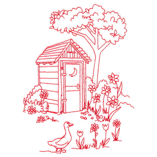 Classic Farm Scene - Outhouse (Redwork) - Image 2