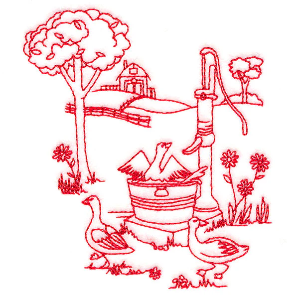 Classic Farm Scene - Water Pump (Redwork) - Image 9