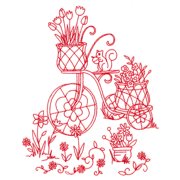 Classic Garden Scene - Bicycle (Redwork) - Image 4