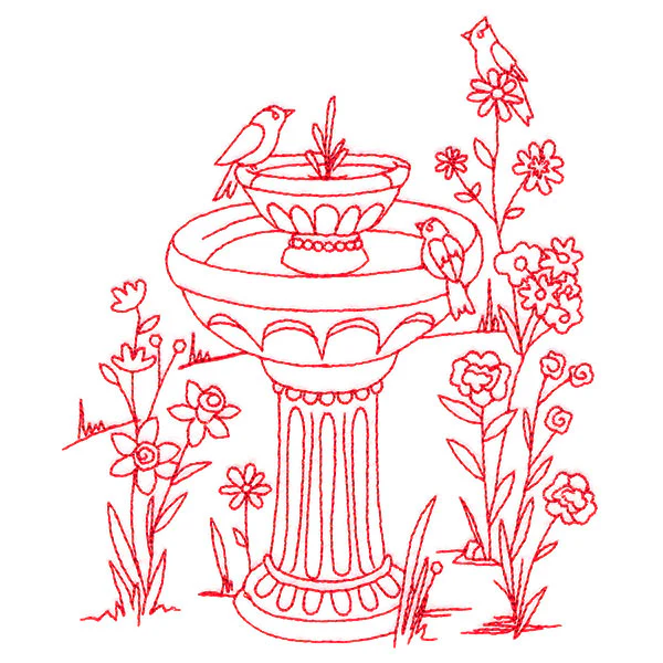 Classic Garden Scene - Bird Bath (Redwork) - Image 4