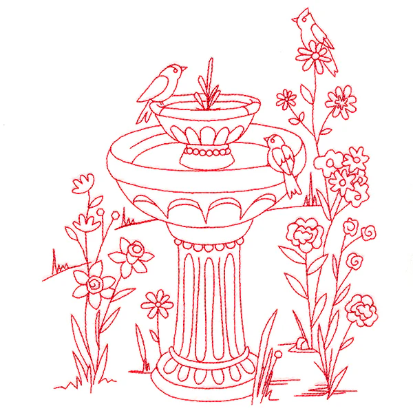 Classic Garden Scene - Bird Bath (Redwork) - Image 5