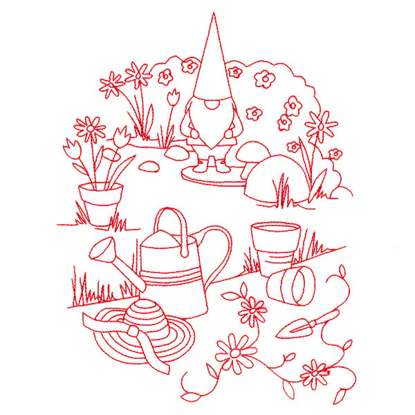 Classic Garden Scene - Gnome (Redwork) - Image 2