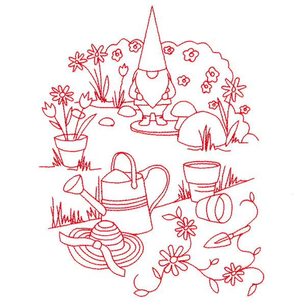 Classic Garden Scene - Gnome (Redwork) - Image 3