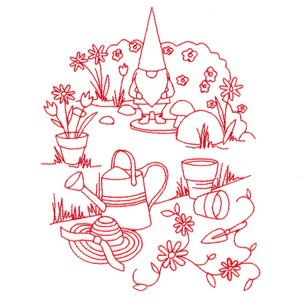 Classic Garden Scene - Gnome (Redwork) - Image 4