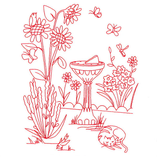 Classic Garden Scene - Sundial (Redwork) - Image 2