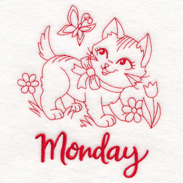 Country Kitten on Monday (Redwork)