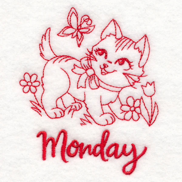 Country Kitten on Monday (Redwork) - Image 2