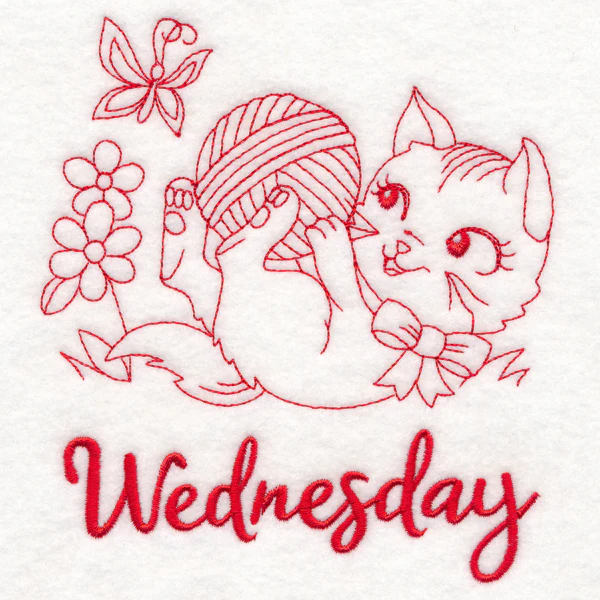 Country Kitten on Wednesday (Redwork)