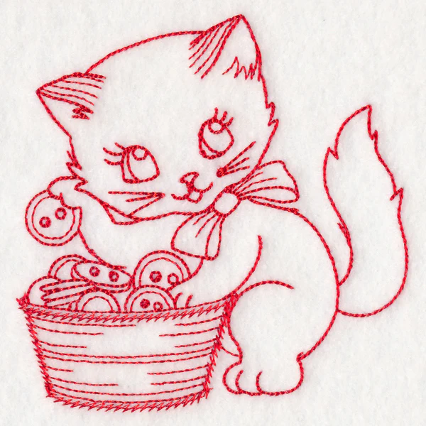Crafty Cat with Buttons (Redwork) - Image 3