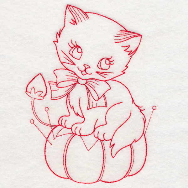 Crafty Cat with Pincushion (Redwork) - Image 2