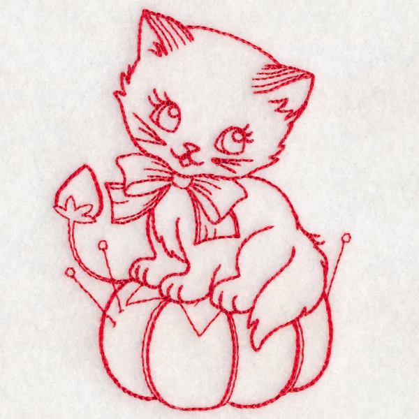 Crafty Cat with Pincushion (Redwork) - Image 3