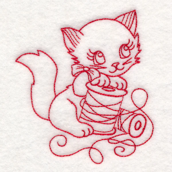 Crafty Cat with Thread Spool (Redwork) - Image 3