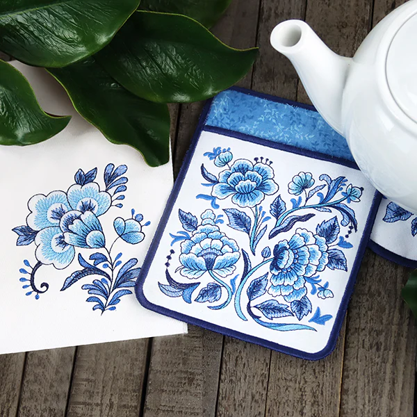 Delft Blue Flourishing Pot Holder (In-the-Hoop) - Image 7