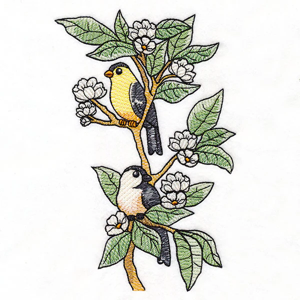 Goldfinch & Chickadee Birds on Flowering Branch - Image 5