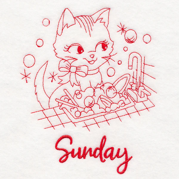 Kitchen Kitten on Sunday (Redwork)